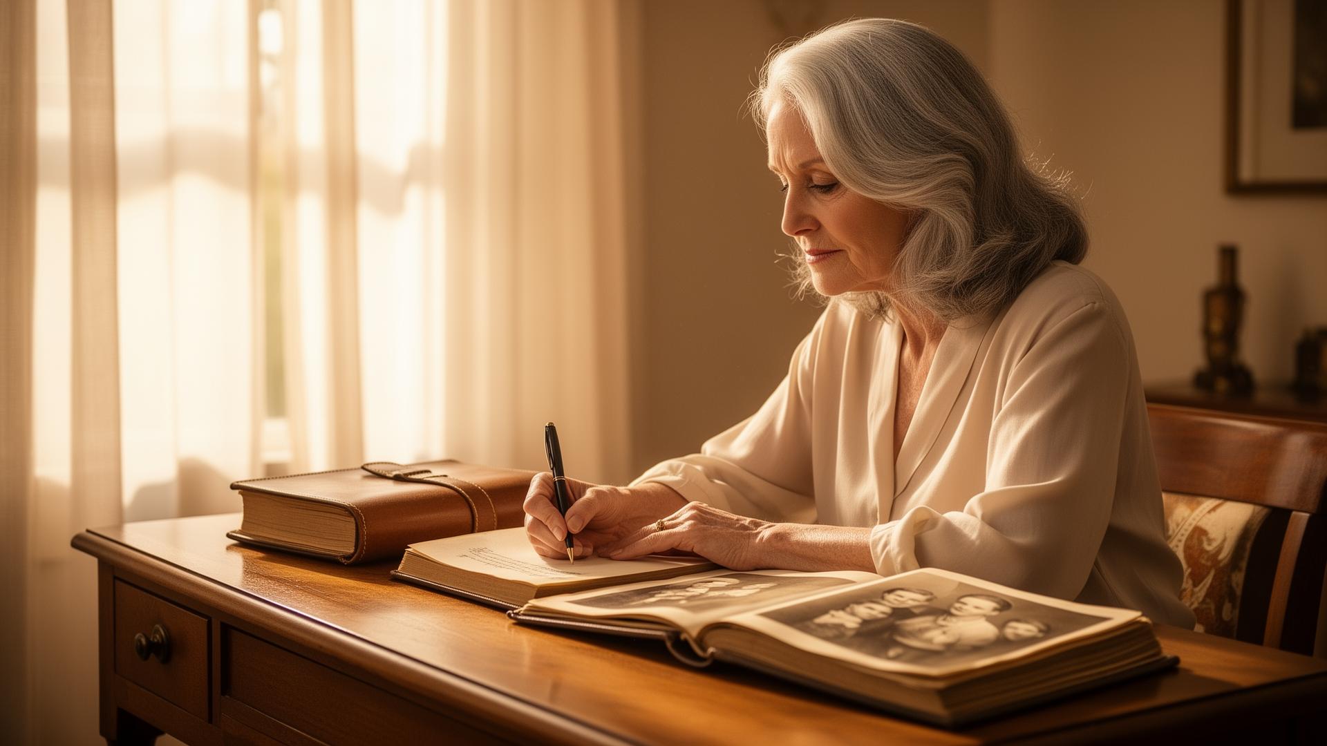 An elegant older woman writing her memoir in a leather journal beside a family photo album